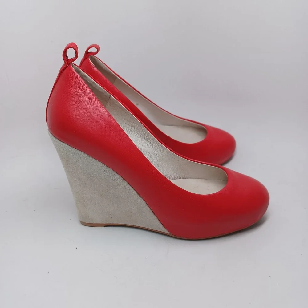 Jeffrey Campbell Nassau Last Red Leather Beige Suede Wedge Pumps Womens 7M